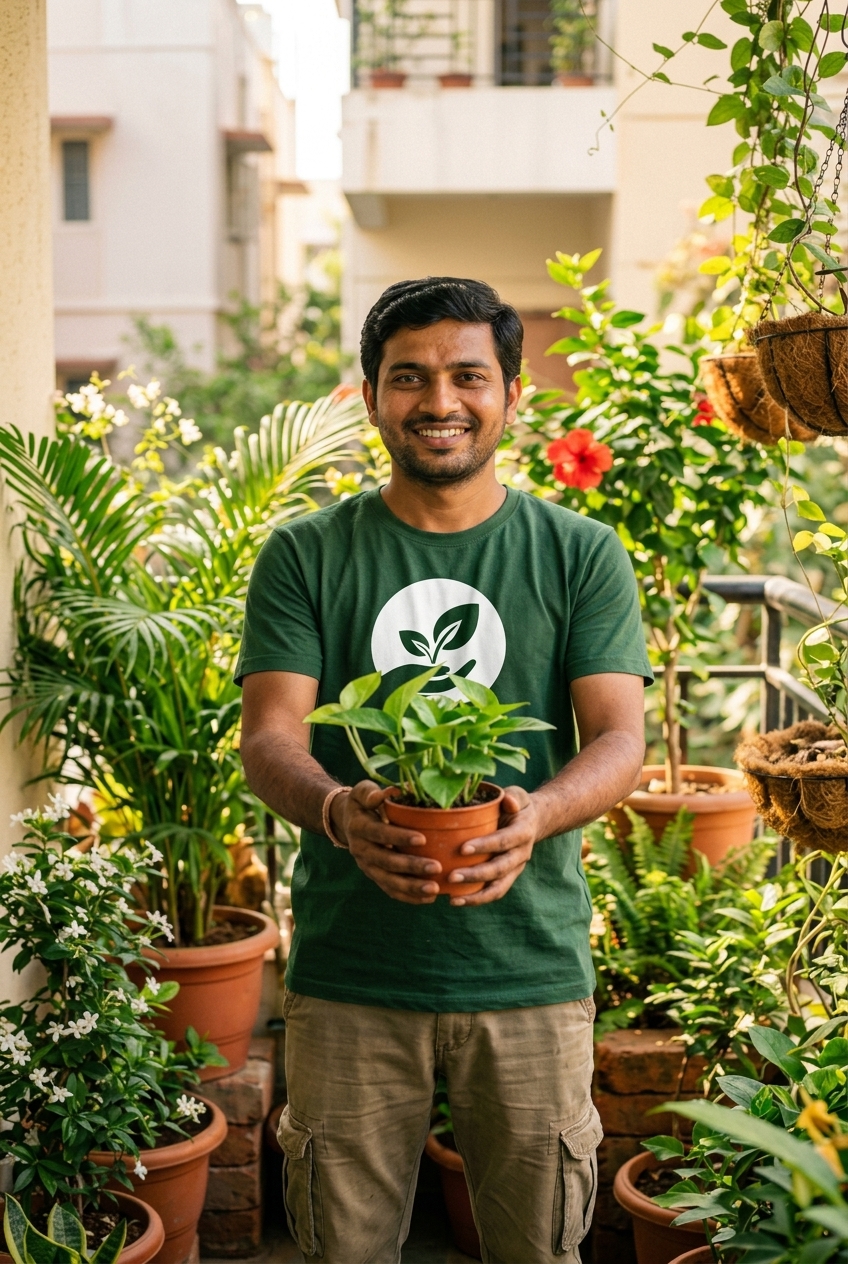 A Garden Sathi gardener in a green logo t-shirt offering a healthy plant on a Bangalore balcony garden