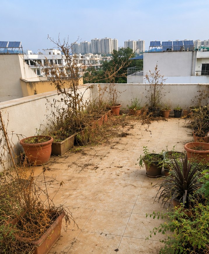 Terrace garden, bare to blooming — before Garden Sathi care